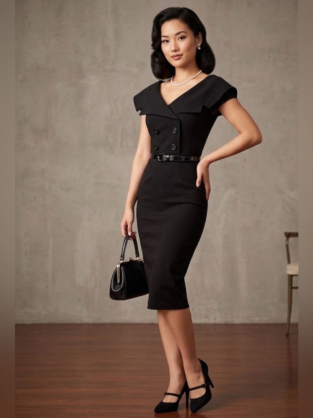 Vintage BETTIE PAGE Black Sailor-Collar Double-Breasted Midi Dress
